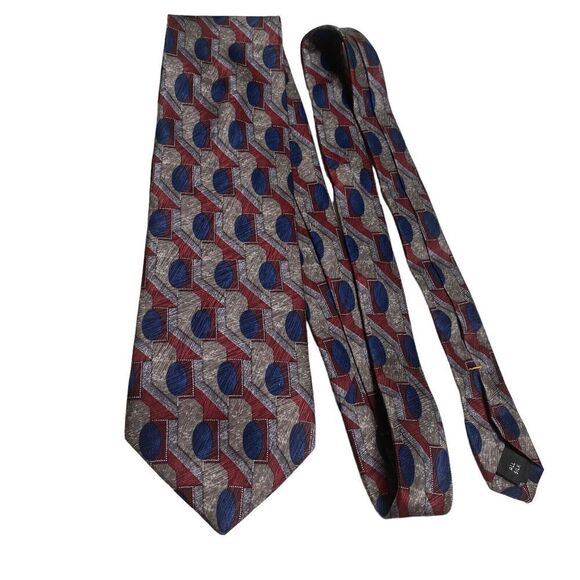Innocenti for Tom James Tie Men's Necktie Silk Maroon Blue Geometric Made in USA - Picture 8 of 8